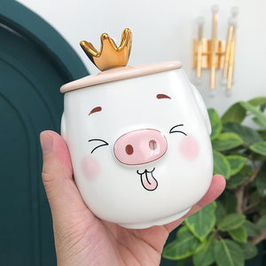 FSILE My drinking cup pink white pig ceramic cup with lid spoon cute cartoon breakfast milk mug girl couple gift coffee cup