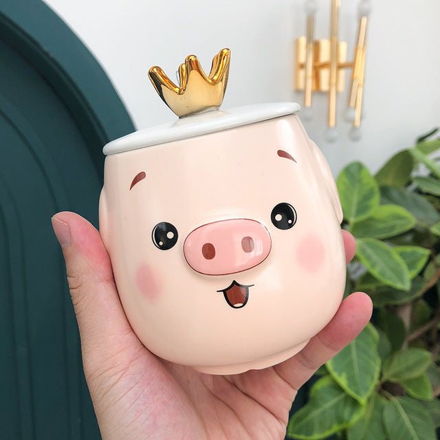 FSILE My drinking cup pink white pig ceramic cup with lid spoon cute cartoon breakfast milk mug girl couple gift coffee cup