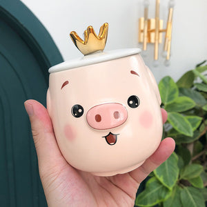 FSILE My drinking cup pink white pig ceramic cup with lid spoon cute cartoon breakfast milk mug girl couple gift coffee cup